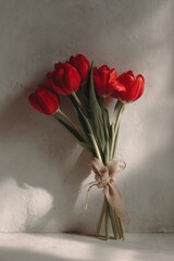 red tulip bouquet tied with rustic ribbon placed against textured wall in soft natural light creating valentines day mood for floral gifting romantic branding and holiday advertising