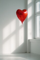 red heart shaped balloon floating in bright minimal room with sunlight and window shadows creating valentines day scene for romantic decoration love gifts and holiday advertising
