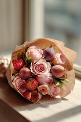 romantic bouquet with pink roses figs and strawberries wrapped in brown paper placed in soft window light creating valentines day mood for floral gifting love branding and holiday advertising