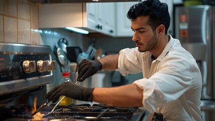 A young man is cooking in a kitchen during the evening. He is using tongs to turn food on the stove. The kitchen is well-equipped, showing appliances and cooking tools