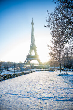 Eiffel Tower in Winter with Snow Covered Park at Trocadero, Paris