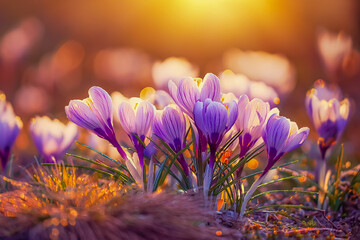 Wundersch&ouml;ne lilafarbene Krokusse bei Sonnenaufgang