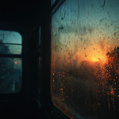 Rainy train window interior with warm sunset light and condensation