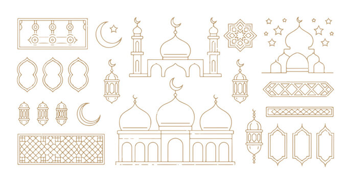 Golden ramadan kareem design elements set with mosque lanterns crescent moons and geometric patterns