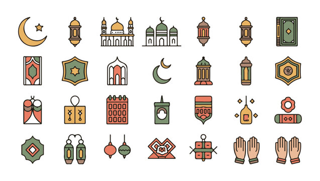 Ramadan and eid mubarak outline color icon set mosque lantern prayer hands holy book and calendar graphics - Powered by Adobe