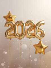 New year 2026 balloons with stars, elegant party decoration theme