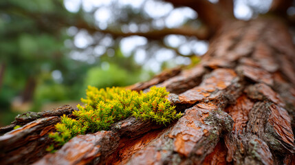 Fototapeta premium Close view of tree bark with green moss. Bright green moss grows on the rough bark of a large tree during daytime in a forest area.