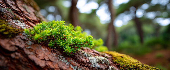 Close view of green plants on tree bark. Green plants grow on the bark of a tree in a forest. Soft light filters through the branches above.