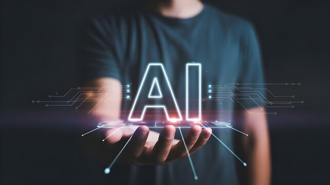 Futuristic artificial intelligence concept, glowing neon AI letters floating above a human hand holding a digital platform, holographic circuit lines and data streams extending outward - Powered by Adobe
