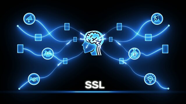Blue brain with S L concept and glowing connections