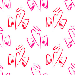 Fototapeta premium Seamless pattern with winged heart and halo. Romantic love background in red and pink colors on white. For Valentine’s Day, wedding design, gift wrap, textiles and branding.