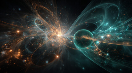 3D rendering of bright light particles gathering in swirls and prominences. Abstract patterns from light spots