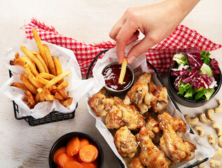 Spicy chicken wings and french fries.