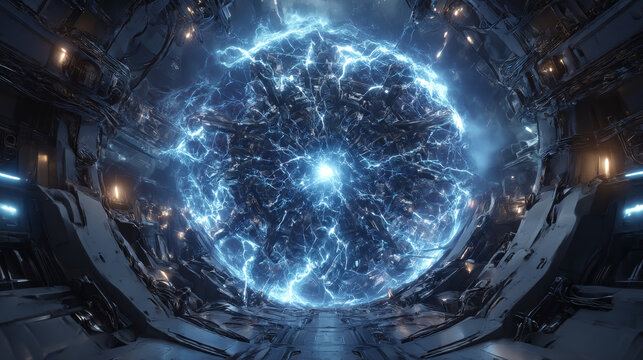 3D rendering of space flight to another dimension through a wormhole in time and space. A bright, high-energy and high-tech tunnel. The motion of the plasma into particle accelerators