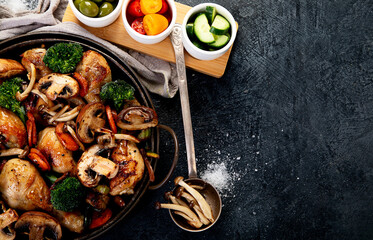 Family dinner. Roasted chicken with vegetables. Healthy eating.