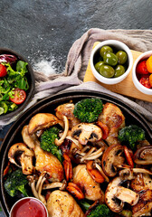 Family dinner. Roasted chicken with vegetables. Healthy eating.