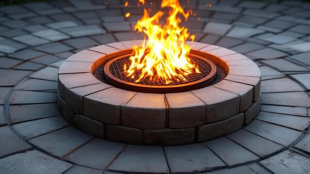 Modern circular fire pit with burning flames on a stone patio, creating a cozy outdoor atmosphere for relaxation and social gatherings with friends and family on a cool evening or night.