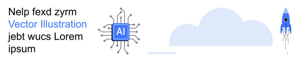 Technology innovation, artificial intelligence, cloud computing, digital transformation, machine learning, futuristic design. Microchip with AI label and rocket flying above cloud. Artificial © robu_s