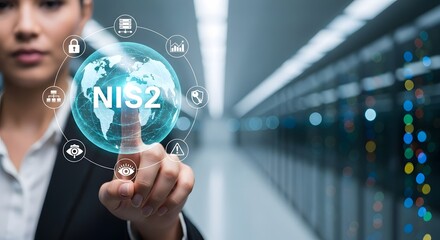 Woman Expert Managing NIS2 Cybersecurity in Server Data Center