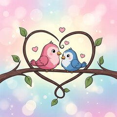 Two lovebirds on heart-shaped branch, isolated on white background