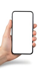 Hand holding modern smartphone against white background