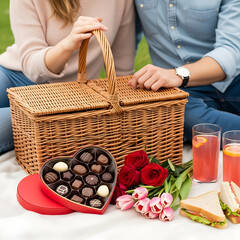 Couple enjoying picnic with heart-shaped box of chocolates, flowers, and drinks isolated on white background