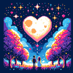 Obraz premium Pixel art couple standing together under heart-shaped moon and colorful trees at night