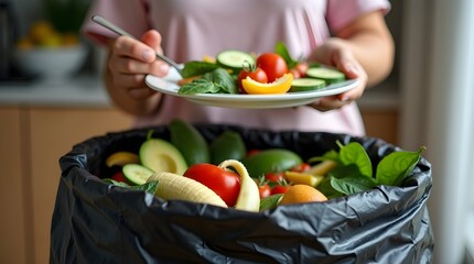Illustrating food waste management: individuals disposing of food garbage into a container designated for decomposition.
