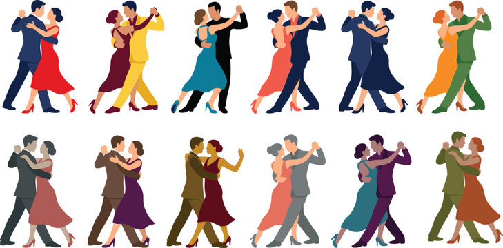 Elegant ballroom dancing couple illustration set, tango waltz partners in colorful dresses for romantic event design vector posters