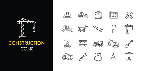 Construction line icon set, outline web icon collection containing Crane, Helmet, Tools and more, vector illustration in line style © Vecto