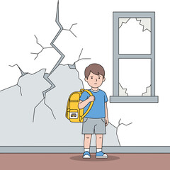 Young boy standing with backpack in damaged room with cracks  