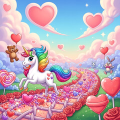 Whimsical unicorn in heart-themed landscape isolated on white background