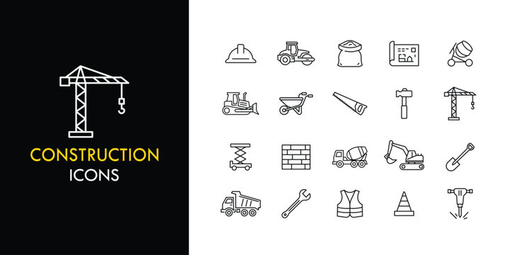 Construction line icon set, outline web icon collection containing Crane, Helmet, Tools and more, vector illustration in line style