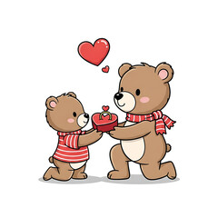 Two bears exchanging hearts, isolated on white background