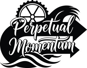 Perpetual Momentum Gears Rocket Launch Vector Black Hand Drawn Typography Logo Emblem Badge Icon Silhouette Vintage Retro Graphic Progress Industrial Technology