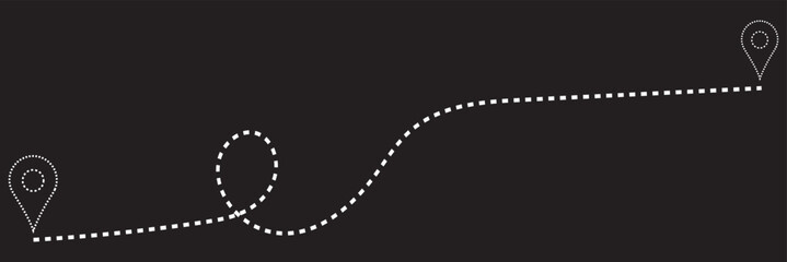 Simple black icon depicting a route between two locations, represented by map pointers connected by a dotted line. Ideal for navigation, travel, or location-based apps. © Raima