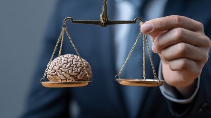 A person in a suit holds a balance scale with a brain model on one side