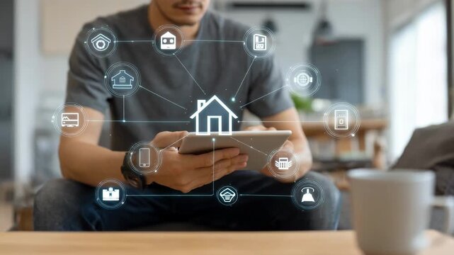 Medium shot of a user interacting with a tablet controlling multiple IoT devices emphasizing centralized smart home automation for lighting appliances and security.