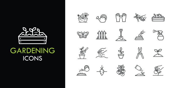 Gardening line icon set, outline web icon collection containing Plants, Watering Can, Pruning and more, vector illustration in line style
