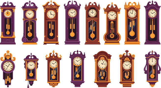 Vintage grandfather wall clock illustration set with ornate classic pendulum clocks for antique interior decor design vector