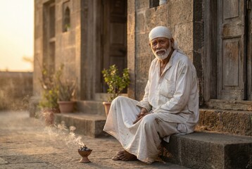Elderly man in traditional Indian attire meditating with incense smoke at sunset