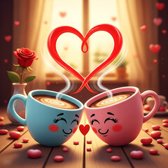 Two coffee cups with heart shaped steam on white background