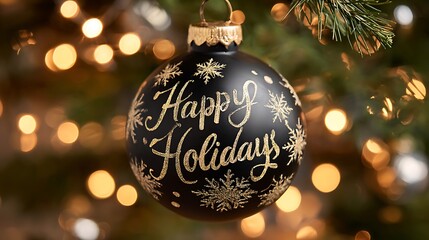 A black Christmas ornament with gold script "Happy Holidays" is hanging on a tree branch
