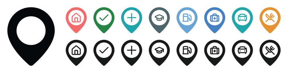 Collection of map pin icons with various symbols and colors vector illustration