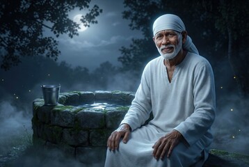 Mystical Old Man Sitting by a Well Under the Moonlight