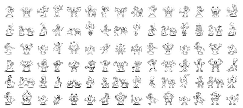 Retro Fast Food Mascot Collection, Vintage Cartoon Character Set