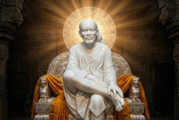 White marble statue of Sai Baba sitting on a throne, with halo and ornate details