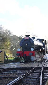 A steam train is traveling down the tracks, leaving a trail of smoke behind it. The train is old and has a vintage feel to it. The scene is peaceful and nostalgic, evoking a sense of history
