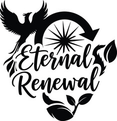 Eternal Renewal Phoenix Bird Flames Vector Black Hand Drawn Typography Logo Emblem Badge Icon Silhouette Vintage Retro Graphic Rebirth Life Power Spirit Mythology