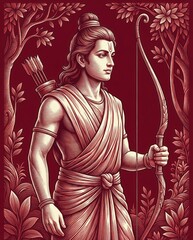 Lord Rama Holding Bow and Arrows, Detailed Illustration in Red Tones